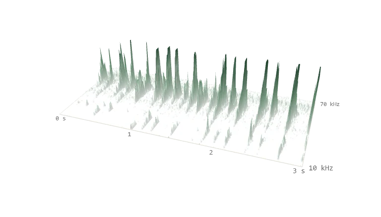 Three-second spectrogram rendered as terrain: twenty ridges, one per bat pulse