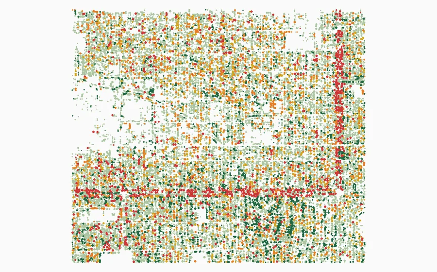 Plan view of Hale crown records, colored by predicted forestry class